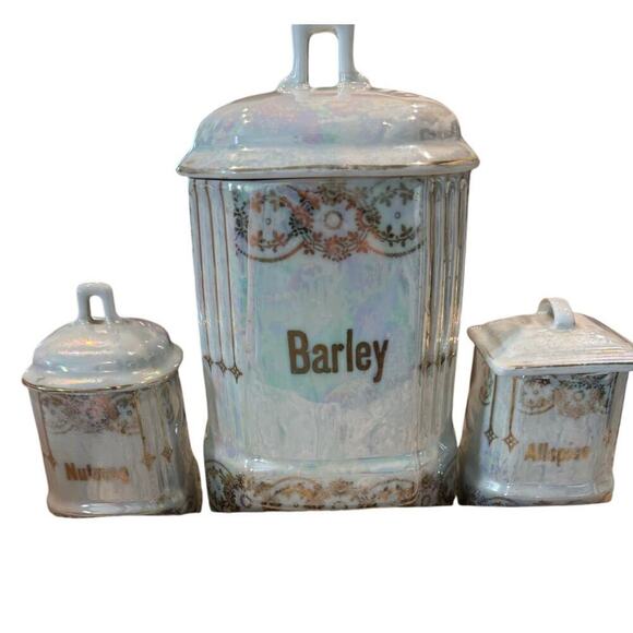 Antique Lusterware Canisters w/ Lid Germany Kitchen Barley Allspice Nutmeg Spice - Picture 5 of 13